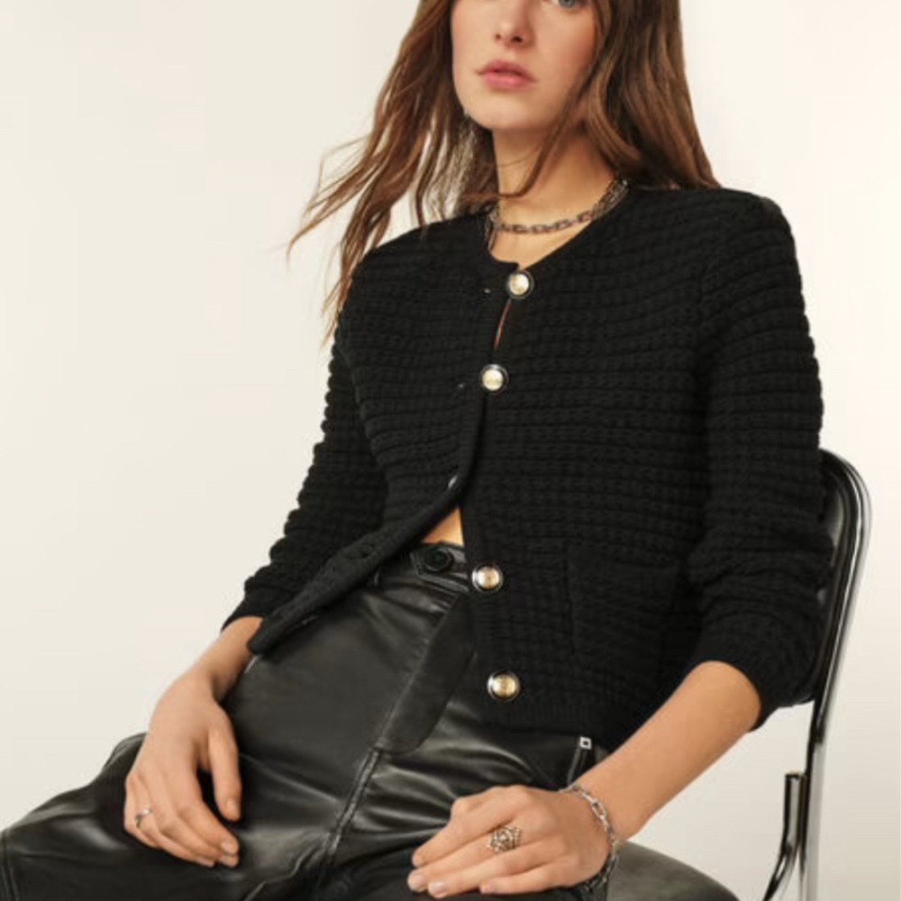 Black Textured Cardigan with Gold Buttons